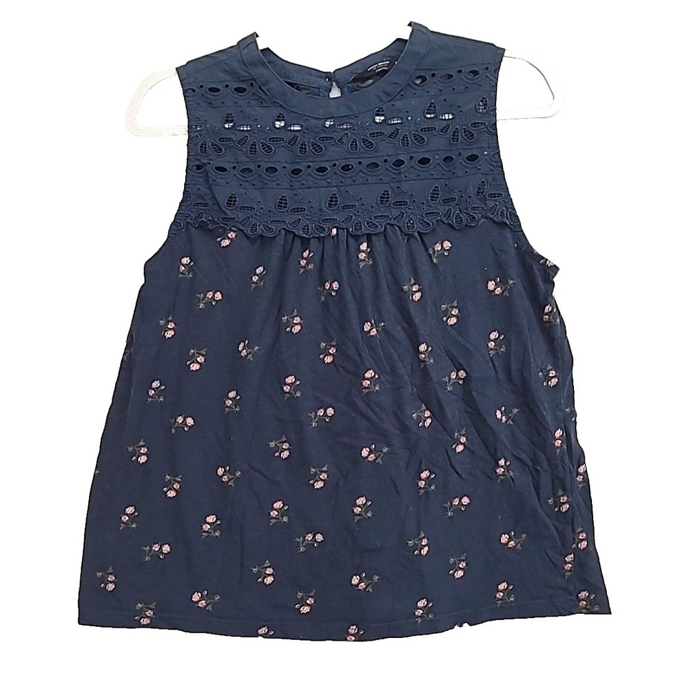 Lucky Brand Women's Blue Sleeveless Floral Lace Detail Top Size M